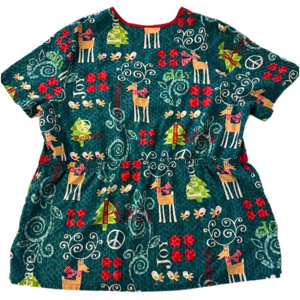 Scrub HQ Holiday Reindeer Scrub Top Women XL Teal Peace Joy Mock Wrap‎ - Picture 6 of 11